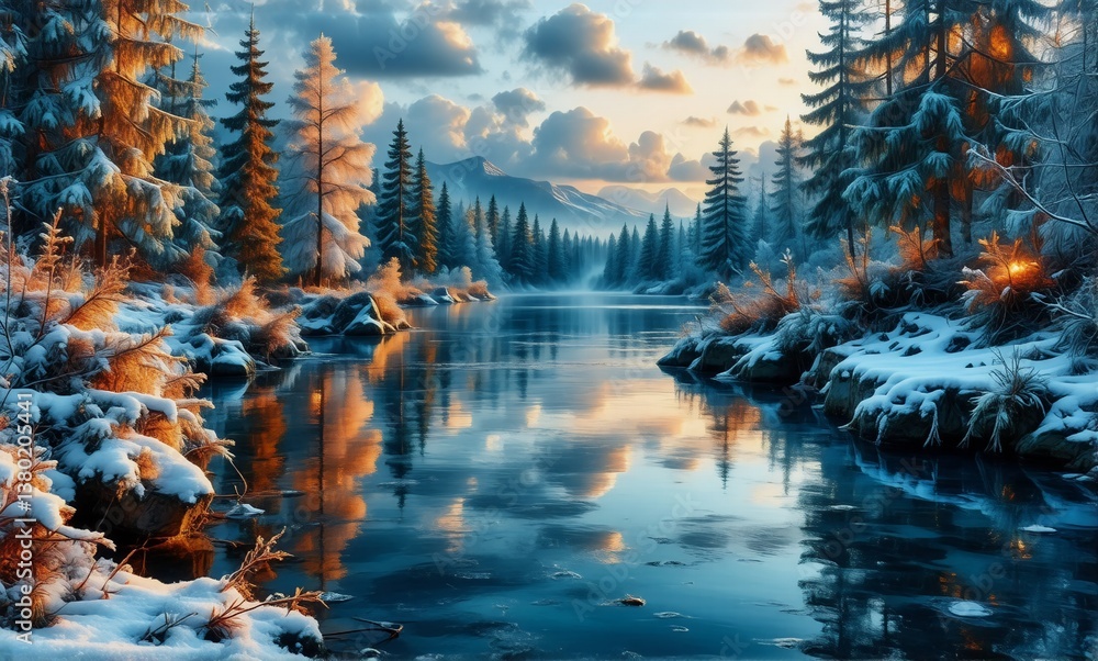 Fototapete a serene winter landscape showcases a snow-covered forest beside a calm river reflecting the sky and