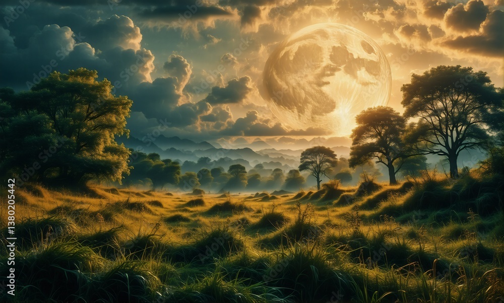 Aufkleber golden moonscape bathes the tranquil fields and trees in warm light. serene scenery evokes a peacefu