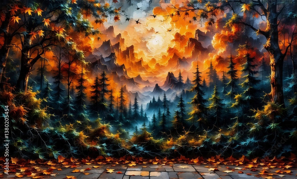 Aufkleber a vibrant autumn forest scene with fiery orange and yellow leaves. dark trees stand against a colorf