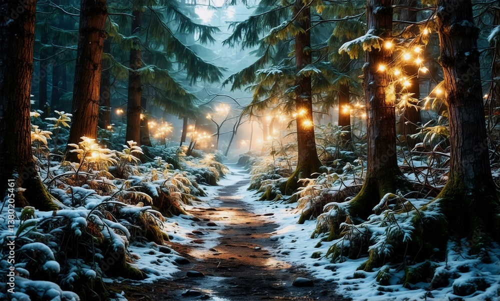 Aufkleber a snowy path meanders through a dim winter forest, where soft, glowing lights dangle from the trees,