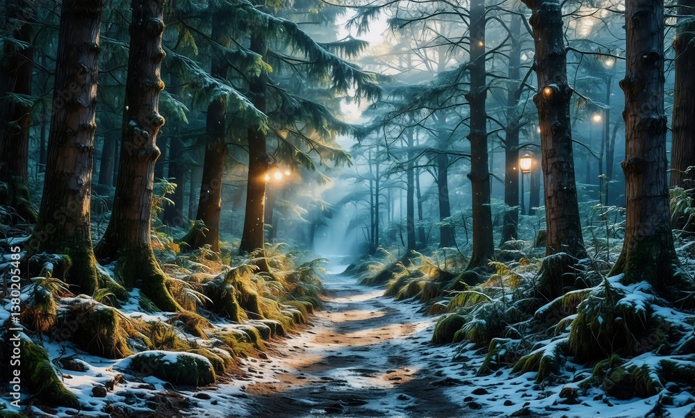 Poster snowy path winds through a serene forest, illuminated by soft lights hanging among the trees. winter