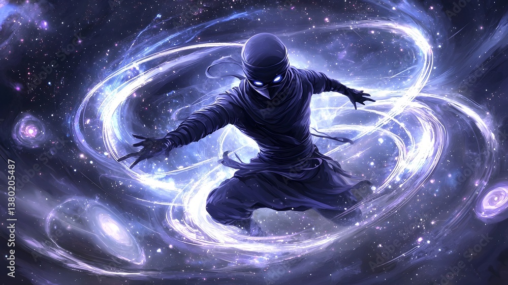 Poster a powerful and enigmatic warrior shrouded in a dark mask emerges from a cosmic portal enveloped in a
