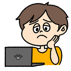 パソコンの操作が分からなくて困る男性のイラスト