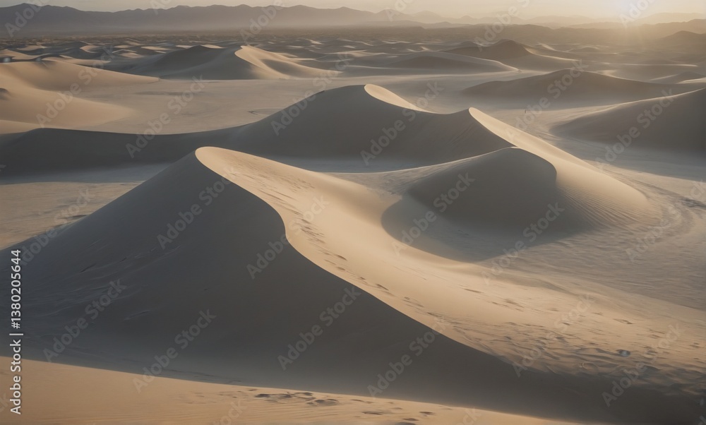 Poster sweeping desert landscape with soft light illuminating the curving sand dunes. shadows accentuate th