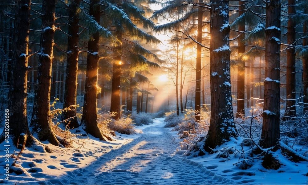 Poster Snowy forest path with sunlight filtering through tall trees, creating shadows and a winter wonderland atmosphere. Winter scene, peaceful and serene.