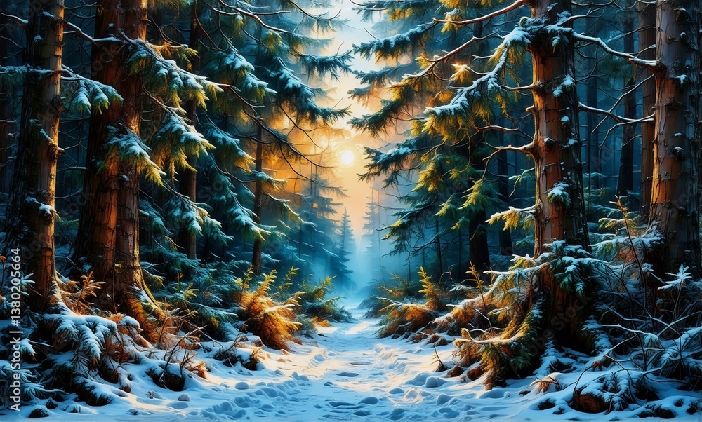 Poster A snowy path winds through a serene winter forest. Sunlight filters through tall trees, illuminating the snow-covered ground. The scene evokes a peaceful and cold atmosphere.