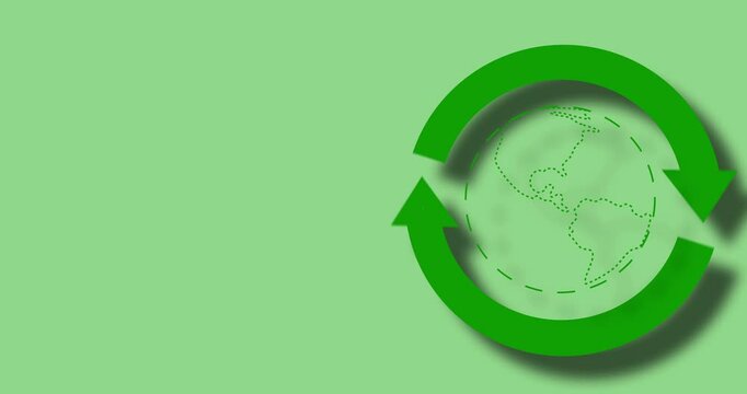 Green energy, world and arrow for recycling in environment with sustainability, waste management and ecology. Background, eco friendly cycle and globe for conservation, earth day or sign for change