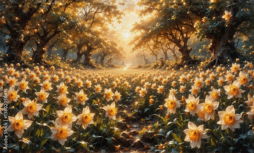 Aufkleber golden sunlight shines through trees, illuminating a vast field of yellow flowers in a forest, creat