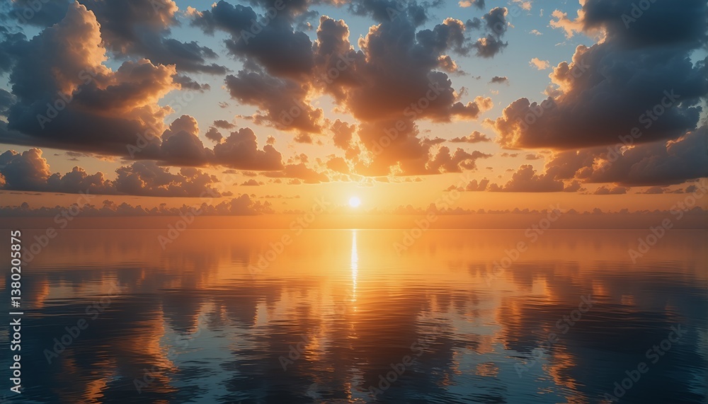 Poster golden light from setting sun illuminates fluffy clouds above a still ocean. reflections of the sky 
