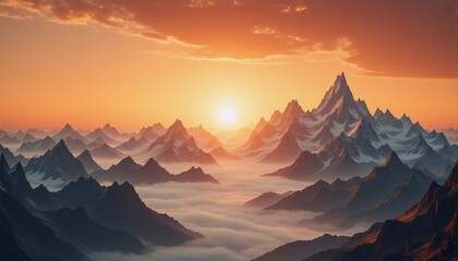 Majestic mountain peaks pierce through a sea of fog, illuminated by a warm, vibrant sunset.  Orange and gold hues paint the sky, creating a serene and breathtaking vista.