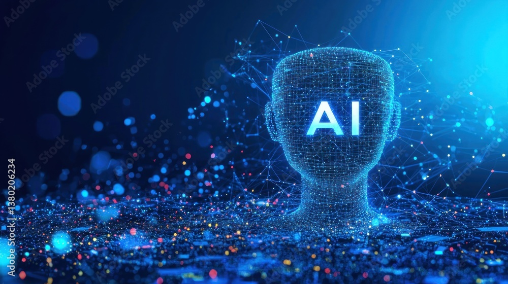 Poster futuristic representation of ai technology with digital head and data connectivity visuals