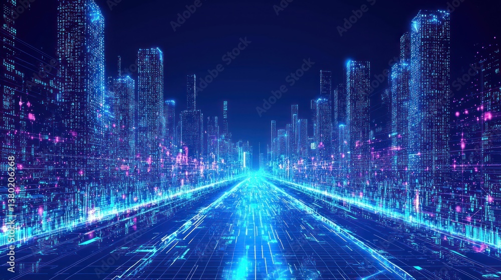 Aufkleber futuristic cityscape with neon lights representing ai and language model efficiency in a digital env