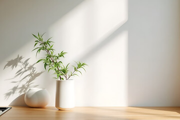 Minimalistic Kitchen with Wooden Countertop and Plant in Vase - Clean Product Mockup
