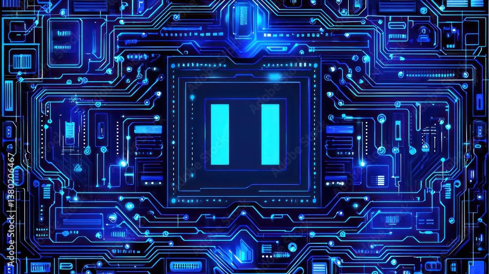 Poster futuristic circuit board design with blue neon highlights representing ai language model efficiency 