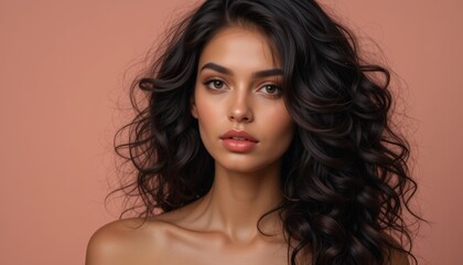 Fototapeta premium A young woman with beautiful, voluminous curls poses against a soft peach background, emphasizing her radiant features and confidence.