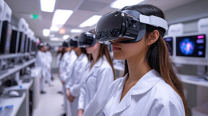 a futuristic nursing simulation lab where students practice emergency care using VR technology