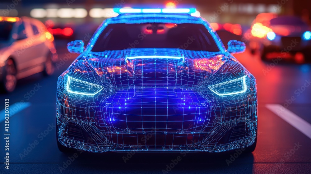 Aufkleber high-tech wireframe model of a police vehicle illustrating advanced ai efficiency and language proce
