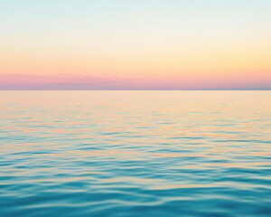 Obraz premium Tranquil sunset over a glassy ocean surface, pastel summer hues reflecting in the still water