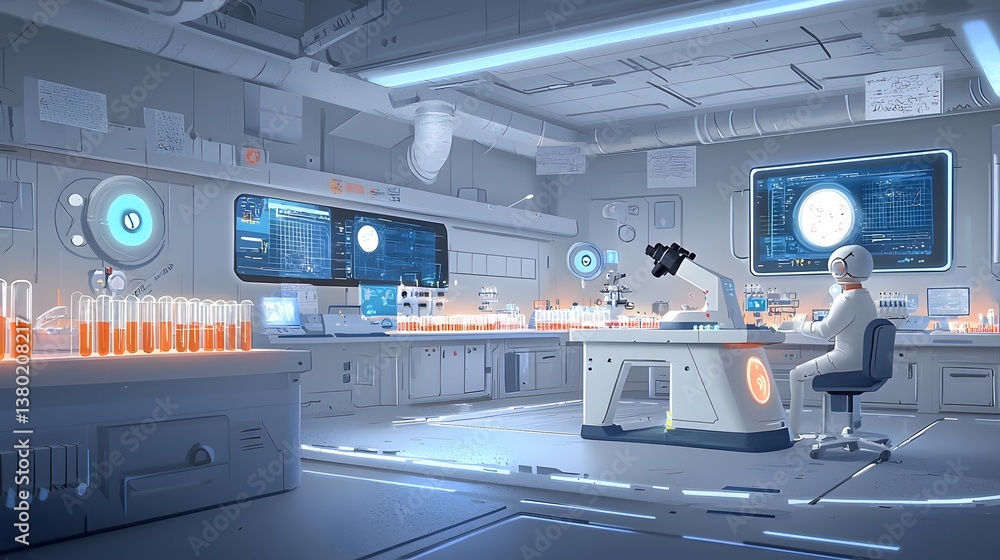 Poster a sleek and modern laboratory setting filled with futuristic technology including glowing test tubes