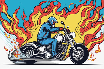 A man driving a motorcycle with fire in an accident 