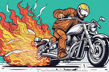 A man driving a motorcycle with fire in an accident 
