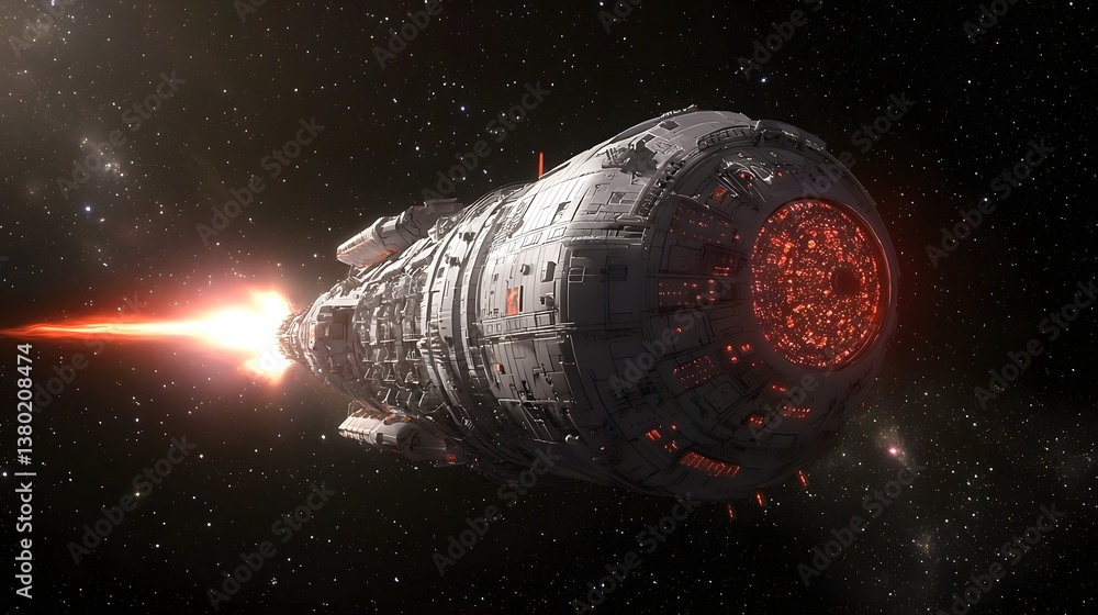 Poster a sleek technologically advanced spacecraft propelling through a vast awe inspiring galactic expanse