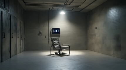 Naklejka premium A stark and ominous interrogation room featuring a metal chair illuminated by a single harsh spotlight creating an atmosphere of tension and suspense