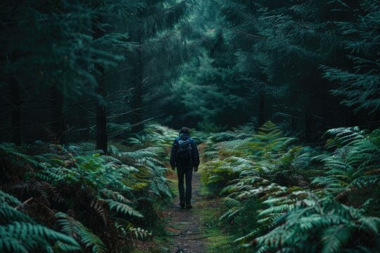 In the forest, there is an endless path of green pines and ferns. A man walked along it with his back to us.