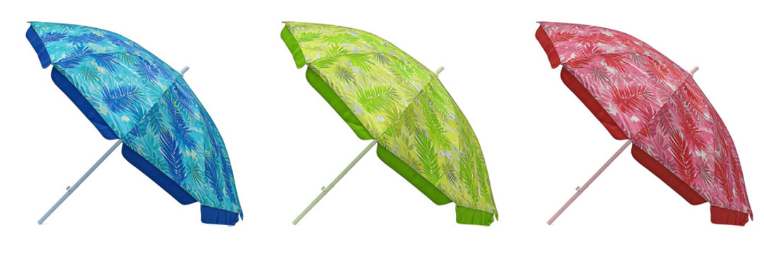 set of umbrellas made of printed palaya. Sun protection in summer. Travel and holiday concept. Transparent background. Graphic resource for backgrounds