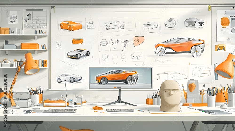 Poster A stylized of an automotive designer s workspace featuring futuristic car sketches 3D digital model renderings and a clay prototype