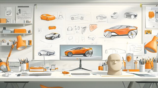 A stylized of an automotive designer s workspace featuring futuristic car sketches 3D digital model renderings and a clay prototype