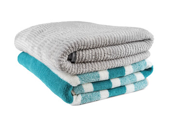 Soft fluffy striped grey and turquoise bath towels folded in stack isolated on white, transparent background. Terry cloth, striped pattern towel texture, cotton textile microfiber beach towel material