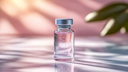A cosmetic glass ampoule on a damp pink background. Hyaluronic acid injections, botulinum toxin, and Botox