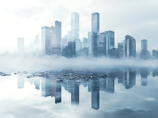Modern cityscape reflected on a light background with fog