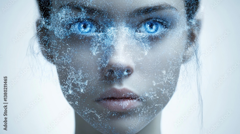 Poster captivating portrait of a woman with ice and frost effects on face representing ai and language effi