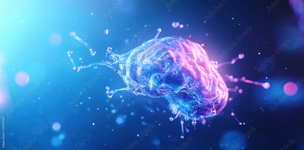 Poster an abstract representation of a brain, illuminated in vibrant colors, with splashes of liquid elemen