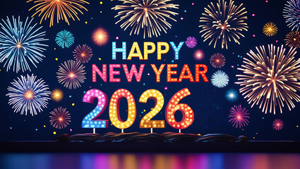 Festive Happy New Year 2026 celebration banner with colorful fireworks, dark blue background. night parties and sparklers marking the joyful start of 2026
