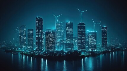 Obraz premium Futuristic Urban Skyline at Night Featuring Wind Turbines and Neon Blue Lights Reflecting on Water