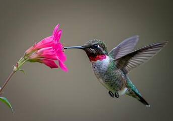 Naklejka premium Ruby-Throated Hummingbird Feeding on Pink Flower Nature, Wildlife, Close-up, Pollination.