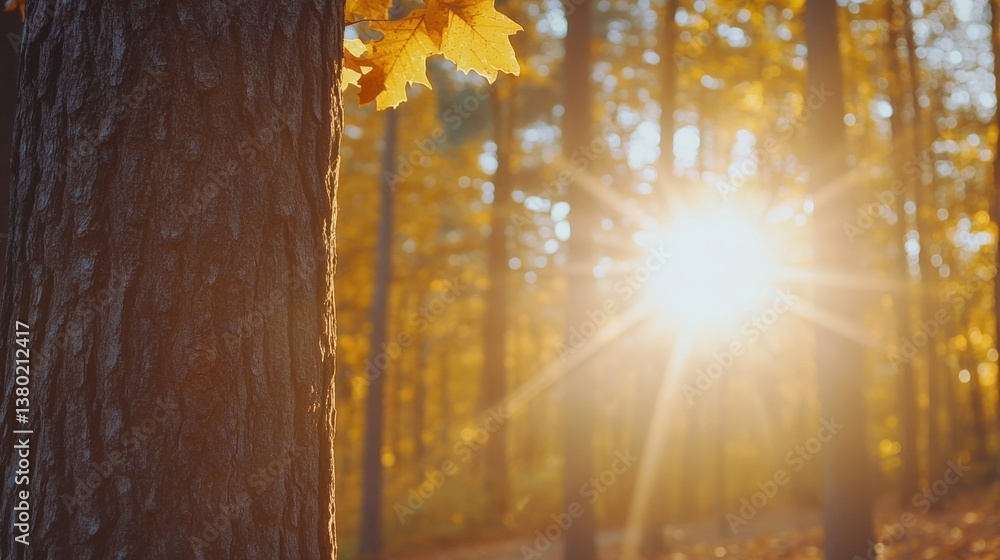 Poster a serene forest scene with sunlight filtering through trees, highlighting autumn leaves and creating