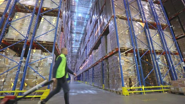 A warehouse worker carrying a rockla through a large warehouse. A storekeeper picks goods in a warehouse. Smart logistics concept. The concept of operating a large multi-level warehouse, inside. 