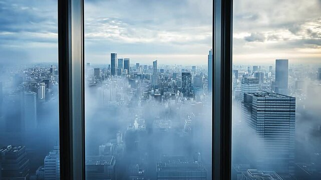 Cityscape View: A breathtaking cityscape is framed by a large window, with skyscrapers enveloped in a sea of clouds, creating an atmosphere of awe and serenity.