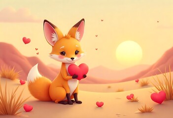Fototapeta premium Cute fox holding hearts cartoon illustration