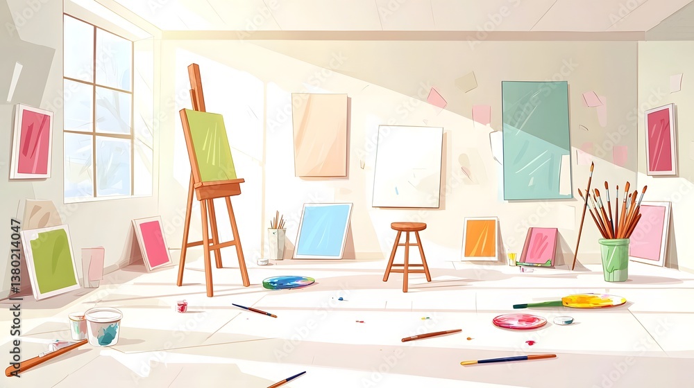 Aufkleber a warm and inviting studio space complete with canvases scattered paintbrushes and a wooden easel pr