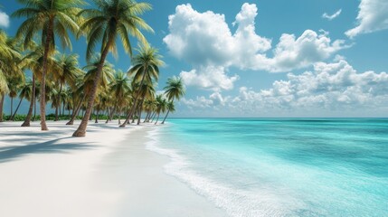 Fototapeta premium A quiet beach scene with turquoise waters and gentle waves caressing soft sand. Lush palm trees frame the view beneath a vibrant blue sky dotted with fluffy clouds