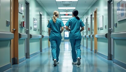 Sterile Hospital Hallway with Healthcare Workers