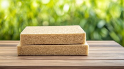 Two kitchen sponges stacked on a wooden surface, surrounded by a soft, blurred green background, suggesting a clean and fresh environment.