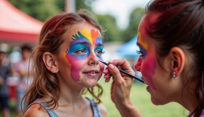 Girl Getting Colorful Face Paint at Festival with Joyful Mood Against Blurred Background