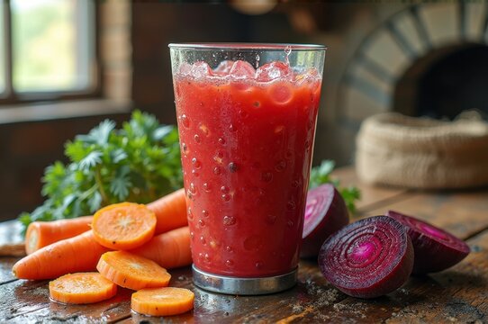 Fresh carrot and beet juice with herbs in rustic kitchen setting
