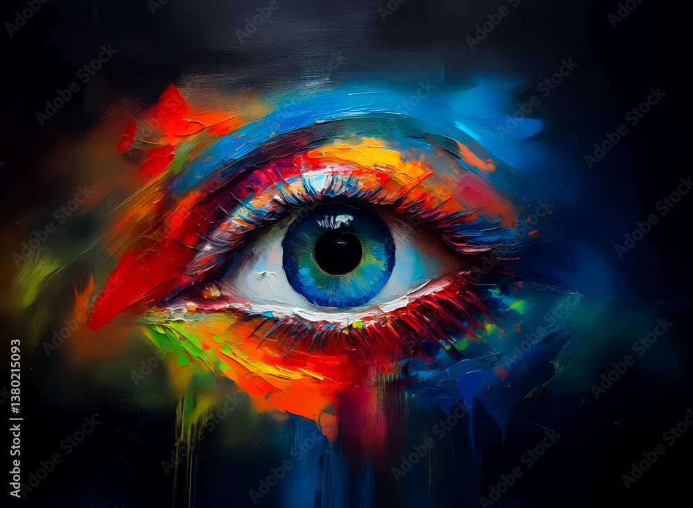 Poster Here's the description and keywords:

Vibrant abstract painting of an eye, exploding with color. Hints of red, blue, and orange swirl, creating an emotional, artistic vision. A captivating artistic ex